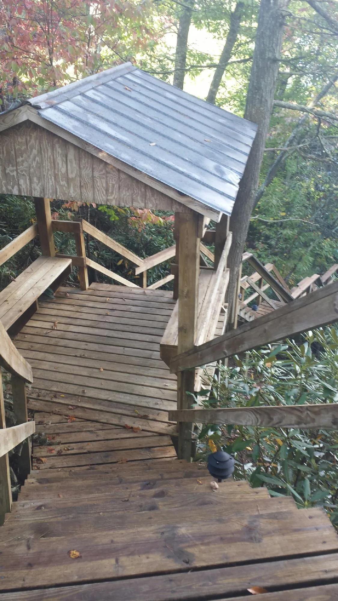 Metal roofed shelter over wooden steps on a wooded walkway — Skylight Repair & Installation work by our crew in Venice